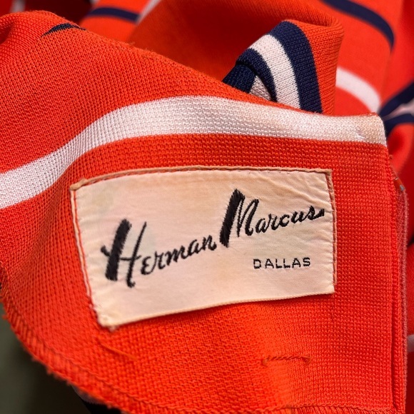 Vintage HERMAN MARCUS Dallas Shift Dress Orange Navy Check - Picture 5 of 11